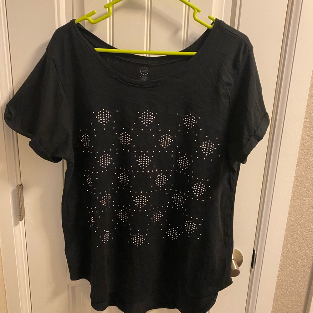 Project Karma L Top Black Rhinestone Juniors Oversized Shirt Short Slv 11 13